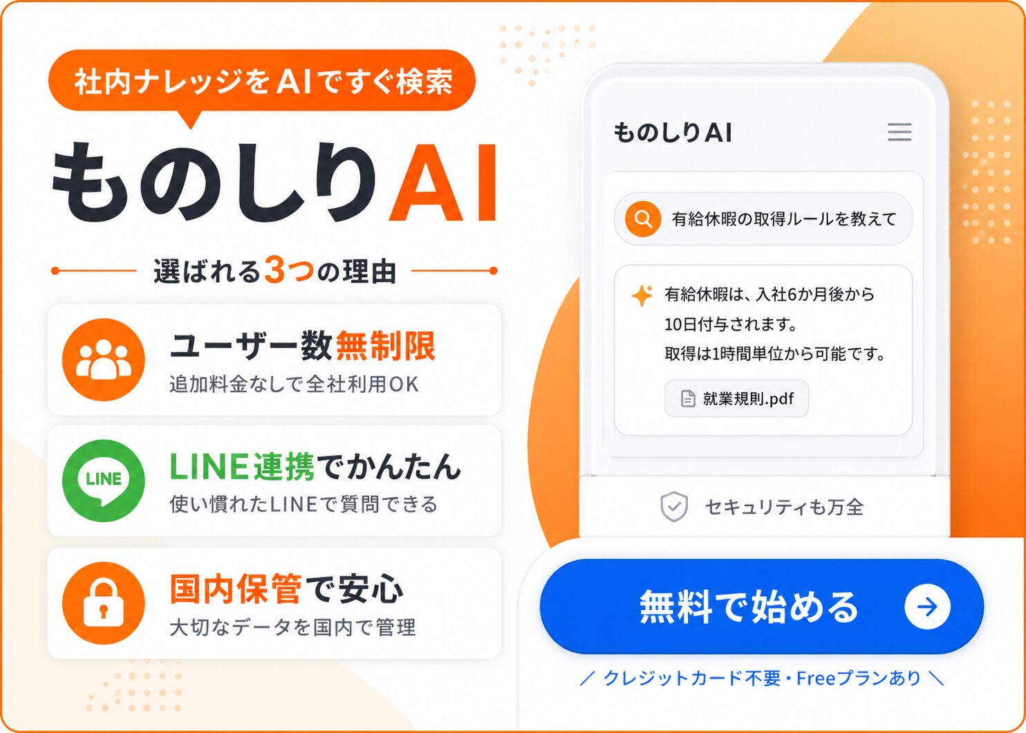 社内のマニュアルや規定集（PDF、Word、Excel等）をアップロードするだけで、AIが内容を理解し回答してくれる社内ナレッジベースAIサービス。